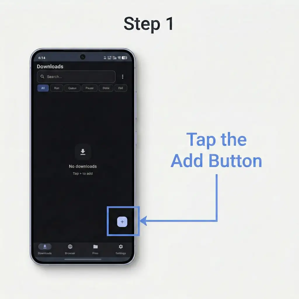 Step 1: Open KLDM app and tap the plus button to add a new download