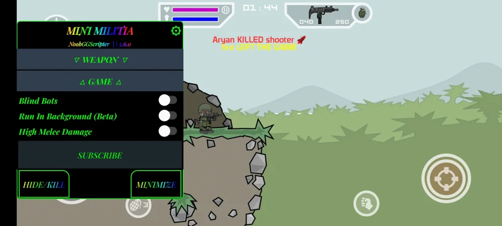 Mini Militia Hack Blind Bots and High Melee Damage settings active
