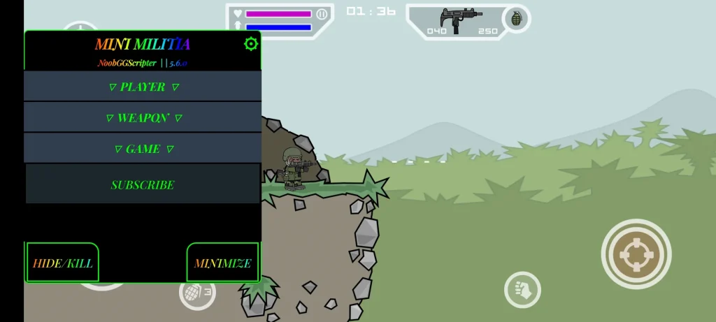 Mini Militia Mod Menu Overview displaying Player Weapon Game settings
