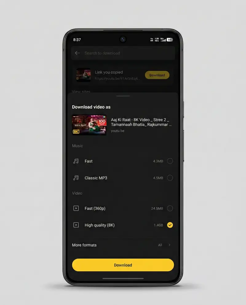 Downloading an 8K YouTube Video with Snaptube MOD APK